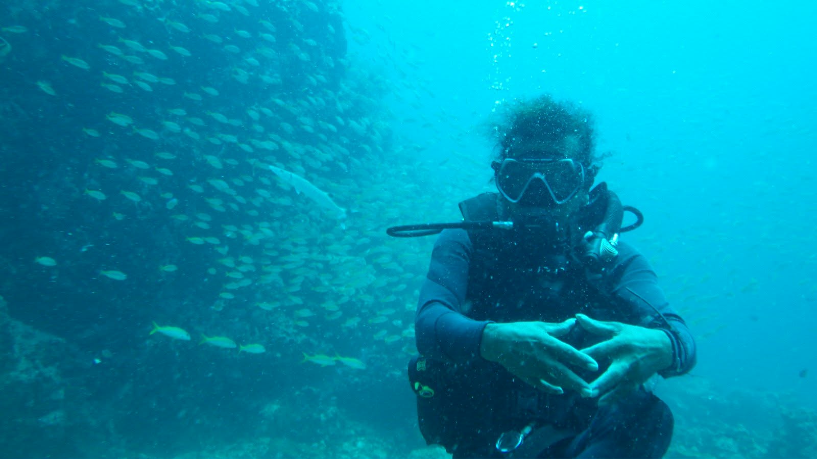 Scuba diver surrounded by a school of fish near Ko Yao Noi