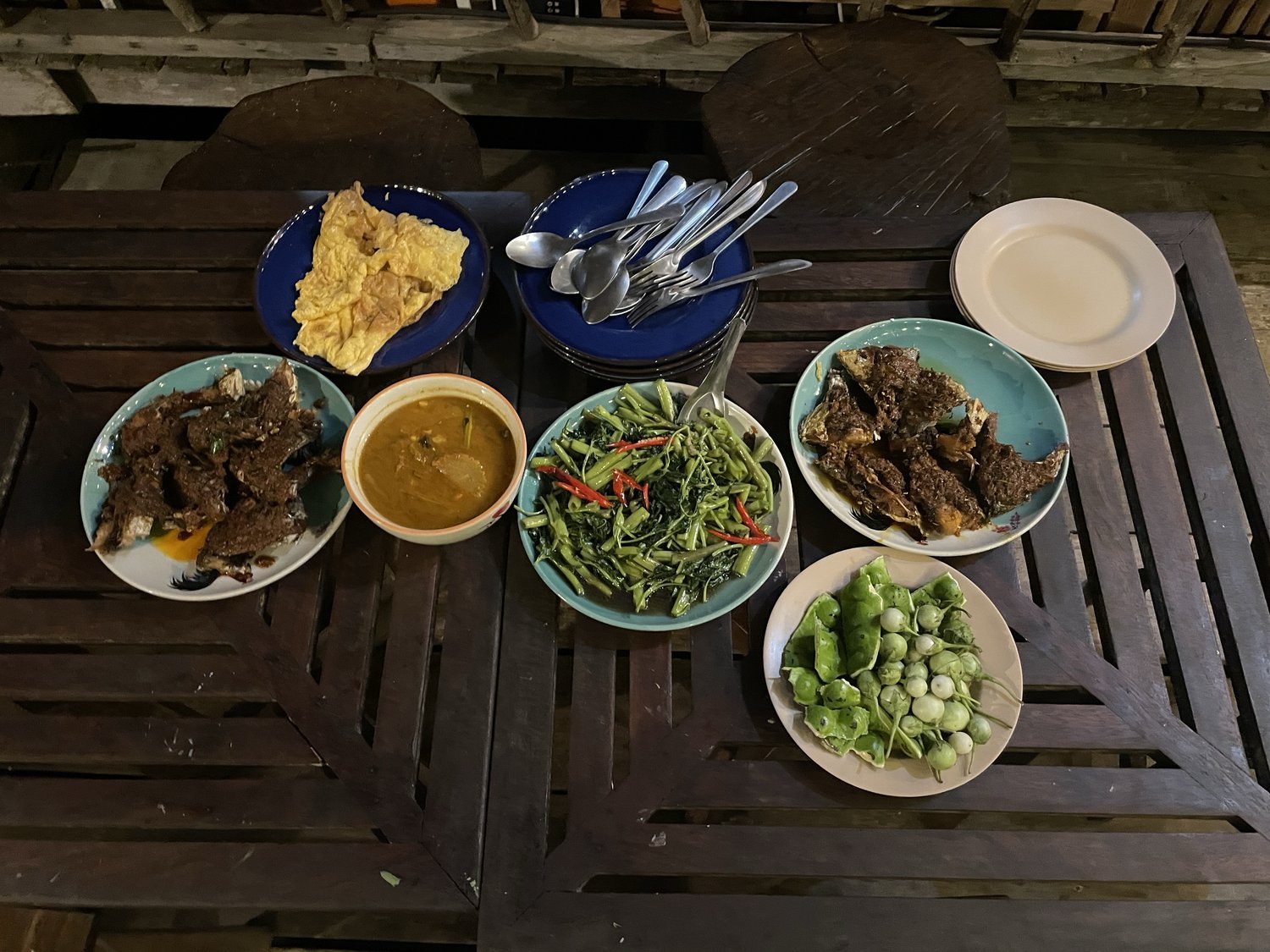 Guests sharing a home-cooked dinner under string lights in the evening